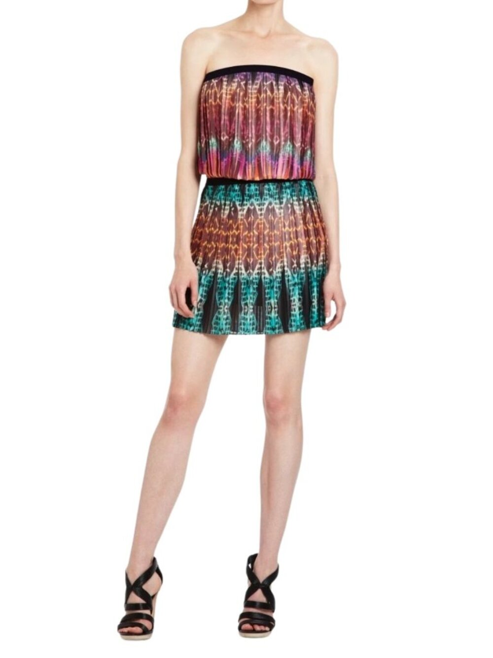 NWT BCBGMaxAzria Taja Strapless Tribal Pleated Mini Dress L Boho Y2K